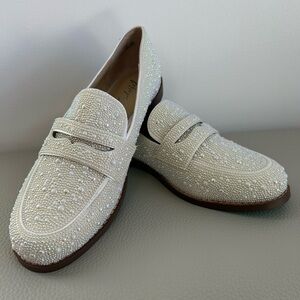 Betsey Johnson Cream Pearl-Studded Loafers